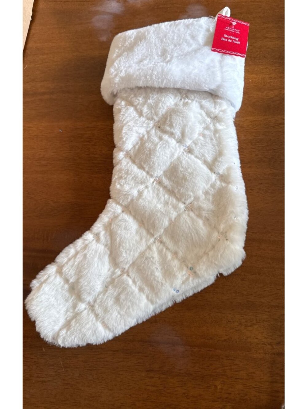 White Faux Fur Christmas Stocking With Sequins & Quilted Design Ashland Holiday